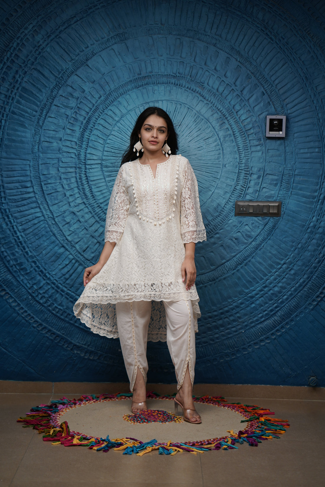 Elegant Net-Trimmed Chikankari Set With Earrings