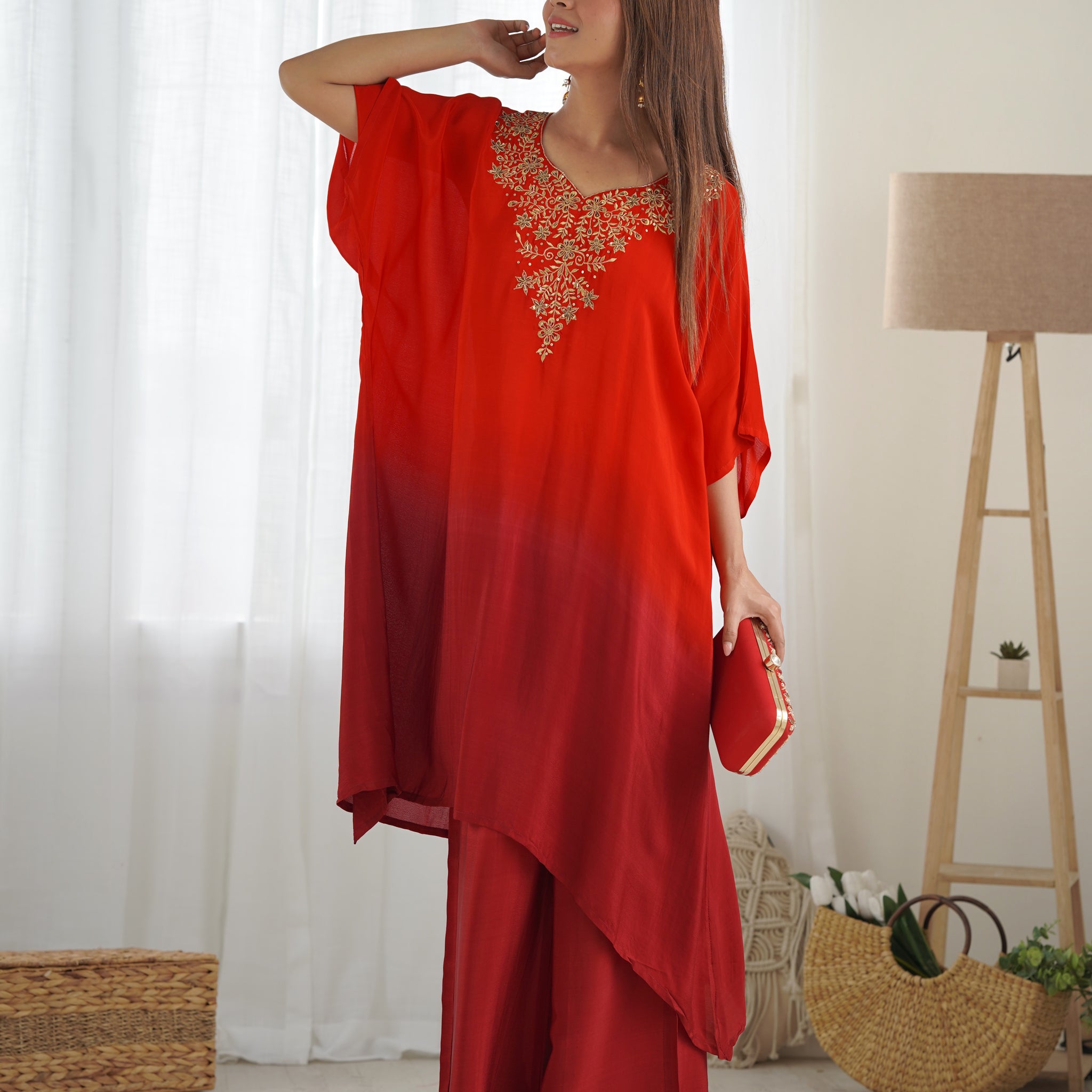 Shaded Red Maroon Kaftan Set