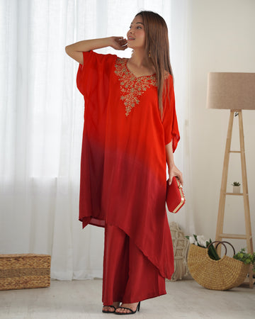 Shaded Red Maroon Kaftan Set